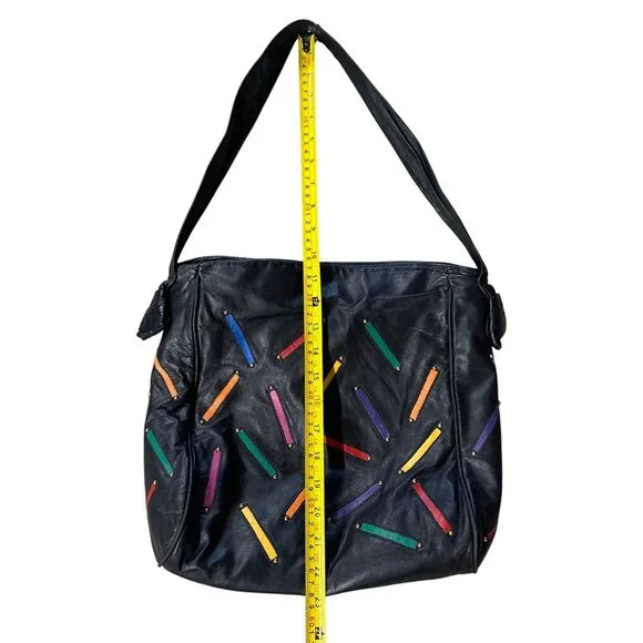 Vintage 1980s Judi Simon USA Black Leather Purse Rainbow Accents Shoulder Strap - Picture 6 of 12